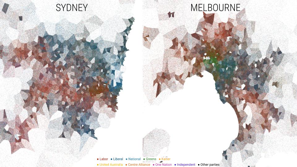 Sydney and Melbourne mapped with one dot for every vote